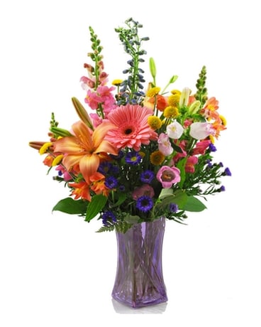 Shades of Spring in Purple Vase Flower Arrangement