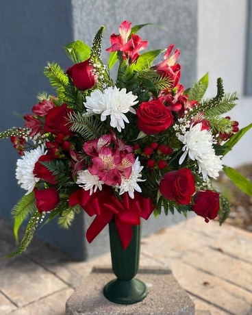 Winter Cemetery Cone with Red Roses Funeral Arrangement