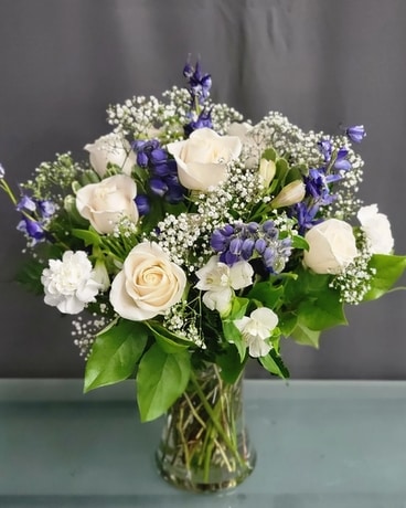 White Roses and Blue Flower Arrangement Flower Arrangement