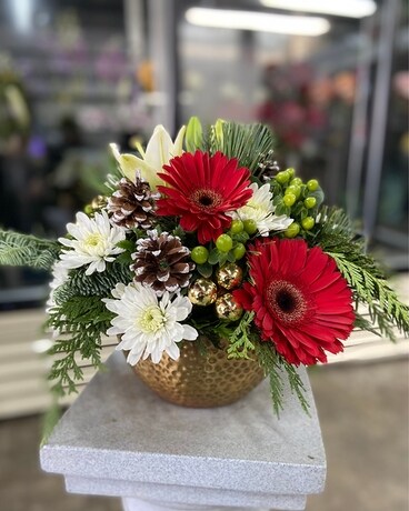 Christmas Gold Bowl Flower Arrangement