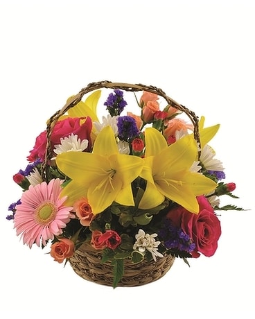 Mixed Seasonal Basket Flower Arrangement