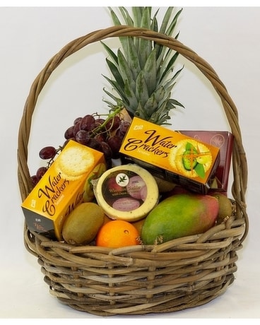 Fruit, Cheese & Cracker Gift Basket Flower Arrangement