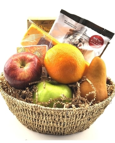 Fruit and Gourmet Basket Flower Arrangement