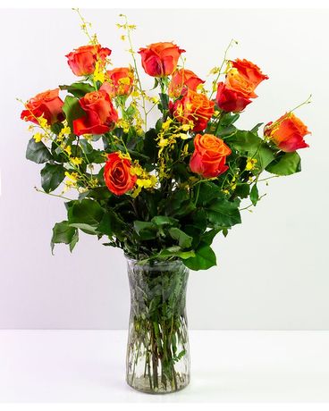 Orange Dozen + Oncidium Orchids Flower Arrangement