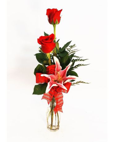 Red Rose and Lily Bud Vase Flower Arrangement