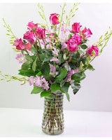 12 roses and dendrobium orchids size,  inches height and  inches wide.