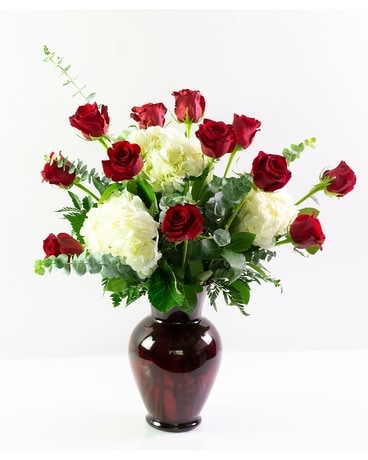 One Dozen Roses with Hydrangea Flower Arrangement