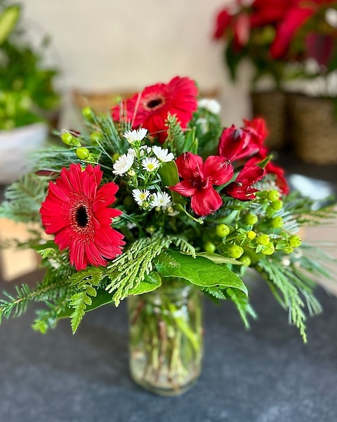 Red Gerber with Greenery