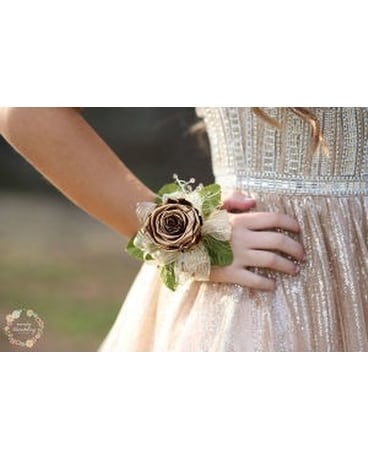 Gold Forever Rose Wrist Corsage Flower Arrangement