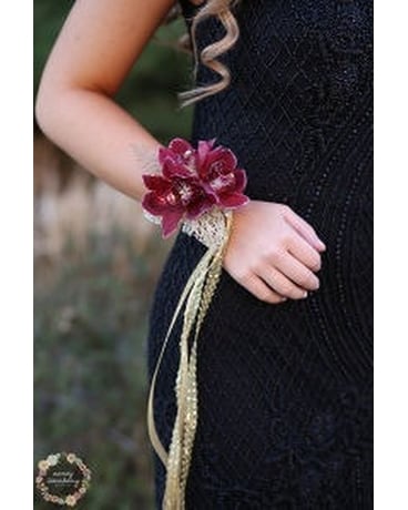 Deep Red Orchid Corsage Flower Arrangement