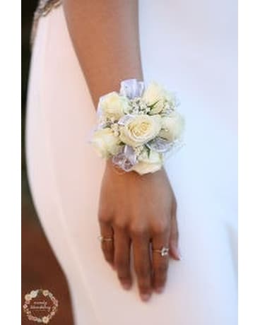 White Mini Rose Wrist Corsage Flower Arrangement