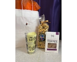 glass with popcorn & toffee size,  inches height and  inches wide.