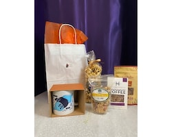 mug with trail mix, nuts, toffee and popcorn size,  inches height and  inches wide.