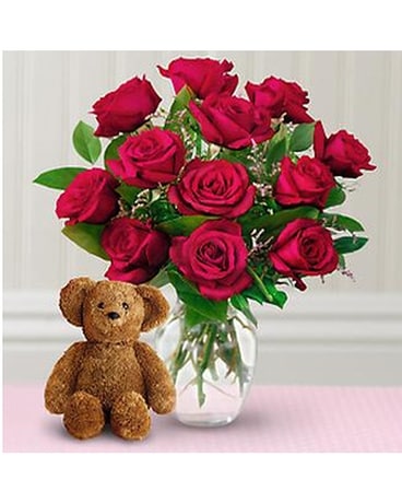 Dozen Roses with a Bear Flower Arrangement