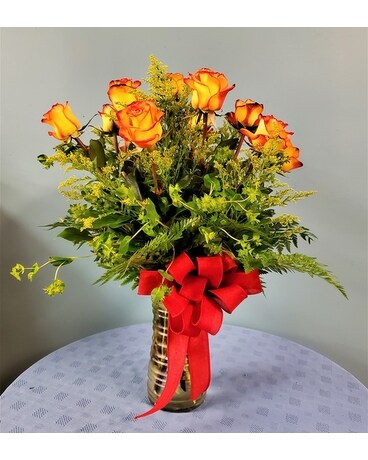 12 Roses Vased - Yellow with Red Edge Flower Arrangement