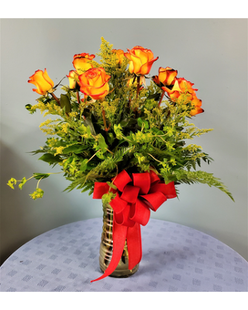 12 Roses Vased - Yellow with Red Edge Flower Arrangement