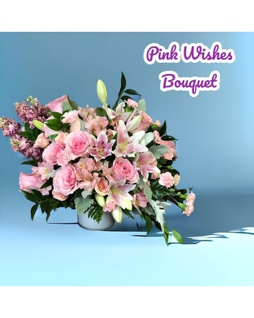 Pink Wishes Bouquet Basket Arrangement