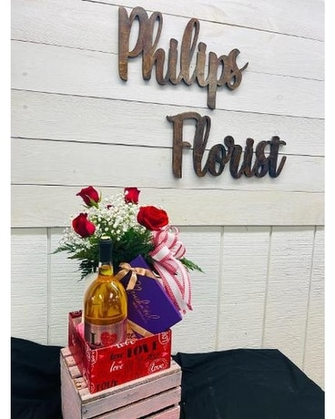 Wine & Roses & Chocolate 1 dozen Flower Arrangement