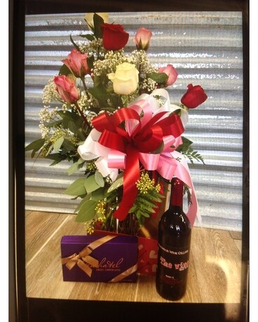 Roses, Wine, Chocolates, Cheese, Crackers, Grapes Flower Arrangement