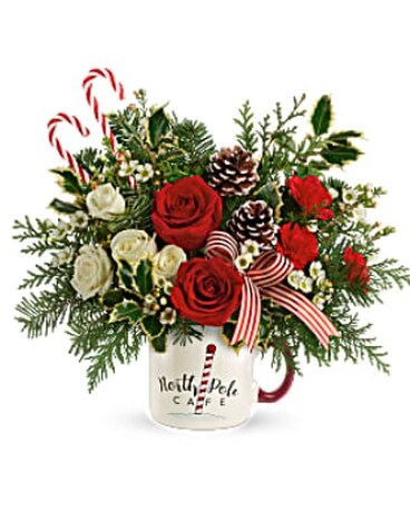 North Pole Cafe Mug Flower Arrangement