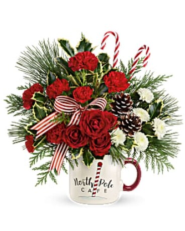 North Pole Cafe Mug Flower Arrangement