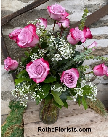 Dozen Lavender Roses Vased Flower Arrangement