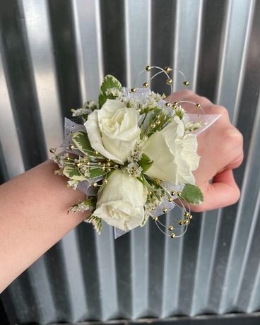 White And Gold Corsage Flower Arrangement