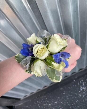 White Rose and Blue Delphinium Prom Corsage Corsage