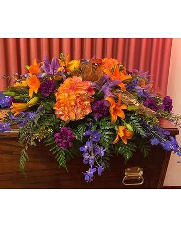 Orange Sunset Casket Spray Flower Arrangement