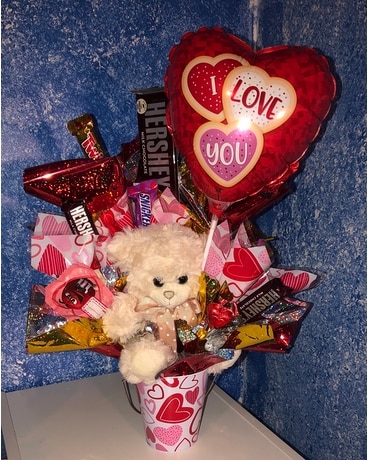Valentine Candy/Bear bouquet Flower Arrangement