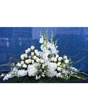 All White Saddle Sympathy – 2330 Funeral Casket Spray Flowers