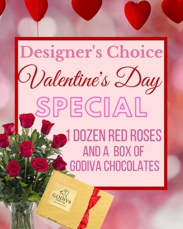 Valentine's Special Roses & Godiva Chocolate Flower Arrangement