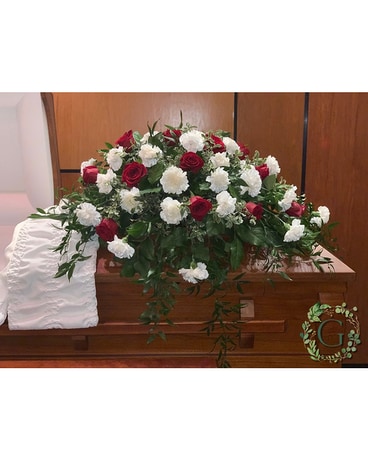 Red & White Casket Spray Funeral Casket Spray Flowers
