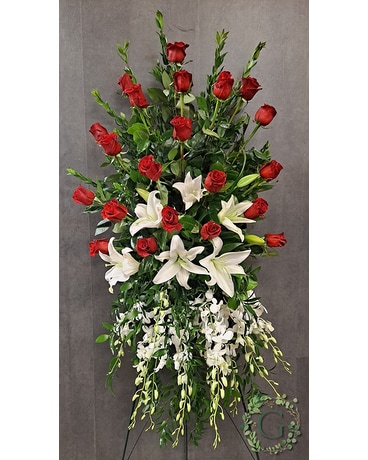 Rose and Lily Easel Spray Sympathy Arrangement