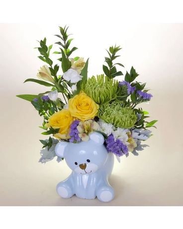 Teleflora's Joyful Blue Bear Flower Arrangement