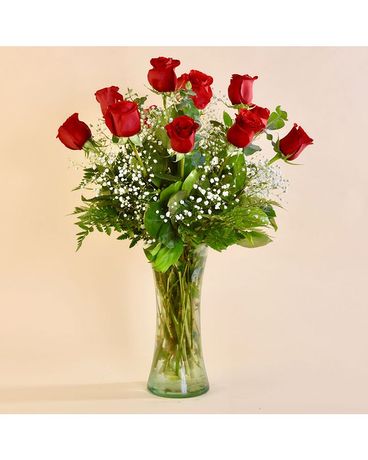 12 Red Roses with Glass Vase