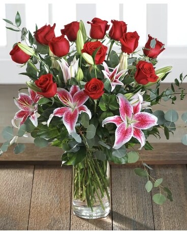Granbury Flowers & Gifts - 12 Red Roses and Pink Lily Bqt Flower Arrangement