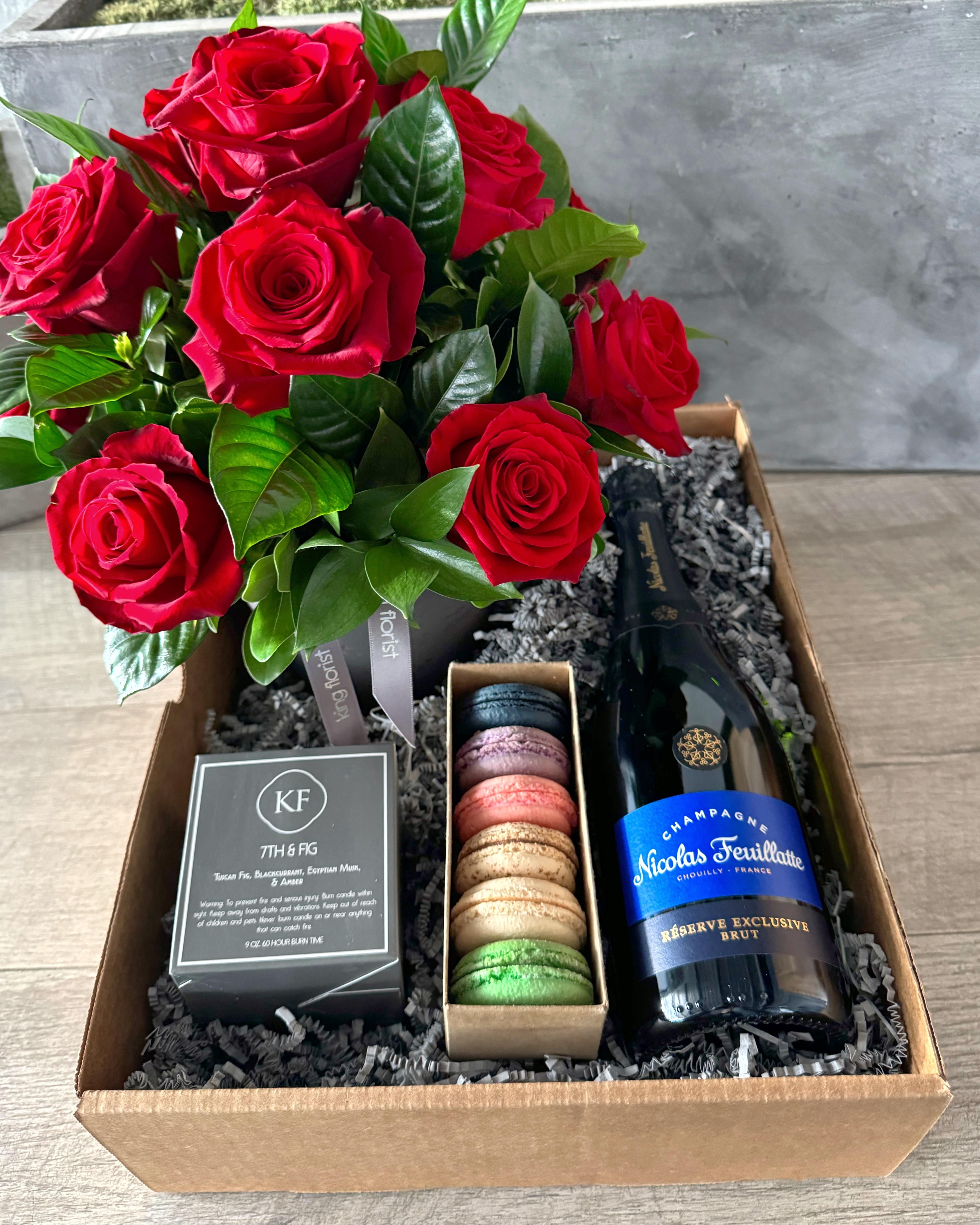 Gift Set of Dozen Red Roses with Champagne and Chocolate