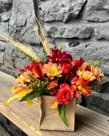 Fall Daisies in Burlap Flower Arrangement