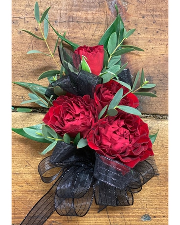 Red and Black Classique Corsage Flower Arrangement