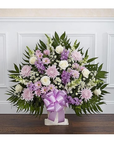 Heartfelt Tribute- Lavender & White Flower Arrangement