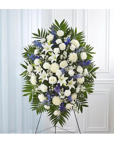 Blue and White Standing Spray Flower Arrangement