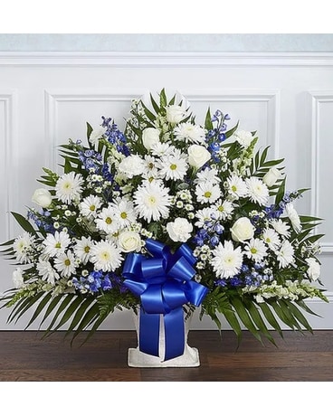 Heartfelt Tribute- Blue & White Flower Arrangement