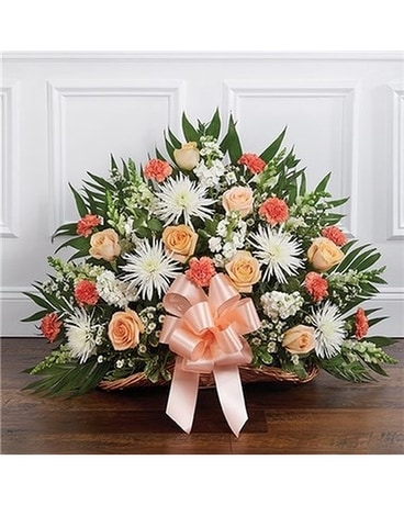 Peach, Orange and white basket Sympathy Arrangement