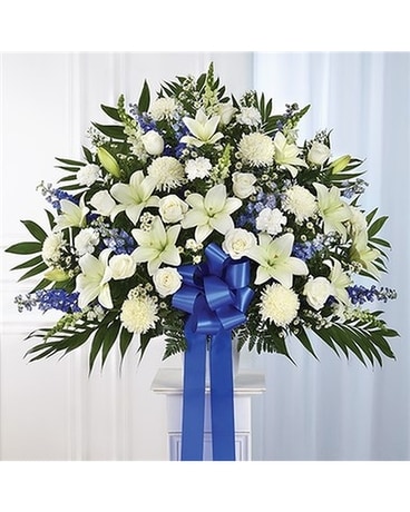 Sympathy blue and white mix standing basket Sympathy Arrangement