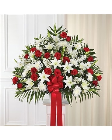 Sympathy red and white standing basket Sympathy Arrangement
