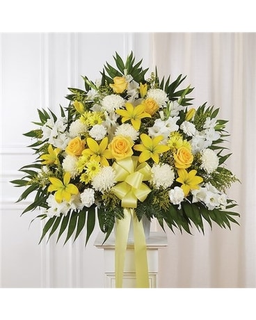 Sympathy yellow and white mix standing basket Sympathy Arrangement