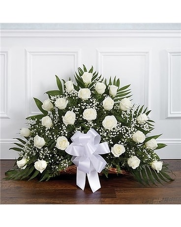 Sympathy fireside basket white roses Sympathy Arrangement