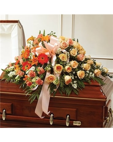 Peach, Orange and White mixed casket Sympathy Arrangement