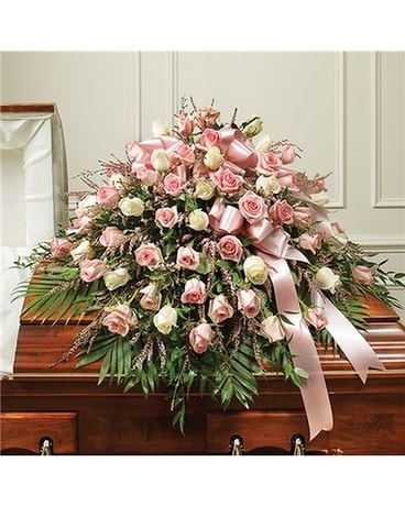 Pink and White Rose casket Sympathy Arrangement